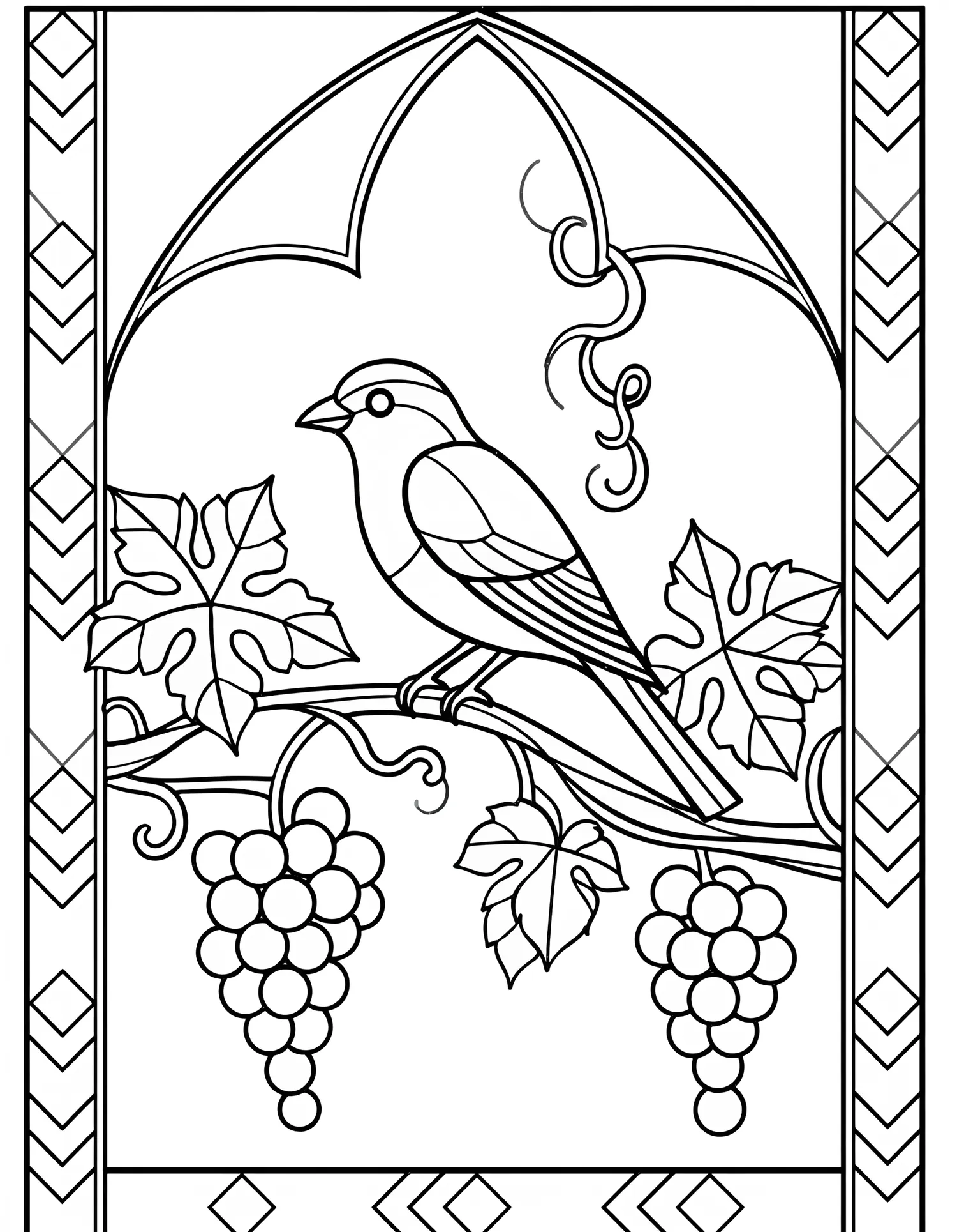 Vitrail Oiseau et Vigne — Coloriage vintage à imprimer gratuitement